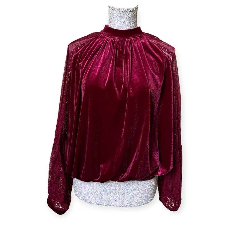 Free People Raspberry Velvet Lace Sleeves Top Dark Fairy Romantic Goth Sz Lg EUC